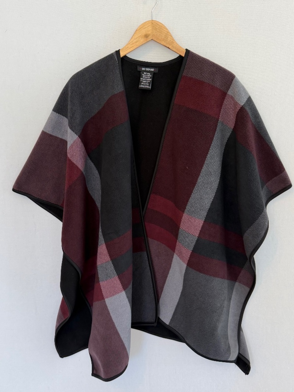 IKE BEHAR Black, Gray & Red Plaid Fleece Lined Wrap Poncho Cape